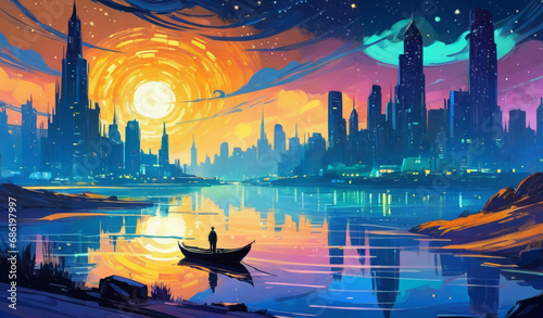 A Fusion of Classic Masterpiece and Futuristic Cityscape: The Mesmerizing Blend of Van Gogh, starry night, van gogh, minimalistic, cyberpunk cityscape, impressionist style, brush strokes