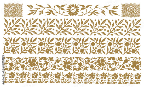 Gold Floral Border Divider. Floral Elegant Motif. Hand Drawn Vector Outline, Graphic, Line Art. Vintage Baroque Ornament Frame. Modern Style. Antique Botanical Retro Design. Victorian Frame Border photo