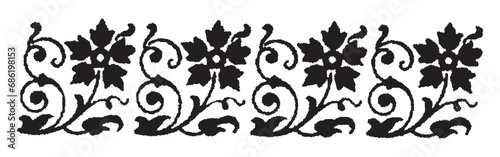 Floral Border Divider. Floral Elegant Motif. Hand Drawn Vector Outline, Graphic, Line Art. Vintage Baroque Ornament Frame. Modern Style. Antique Botanical Retro Design. Victorian Frame Border