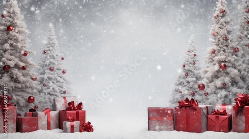 Christmas tree and gift boxes on the background of snow. Empty space © cherezoff