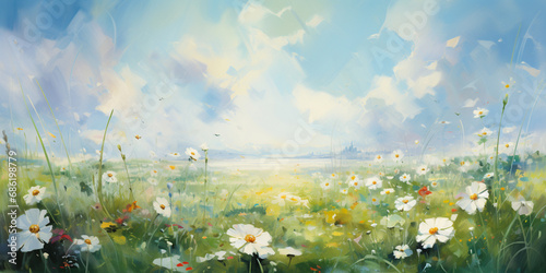 watercolor illustration of a sunny summer lawn with flowers