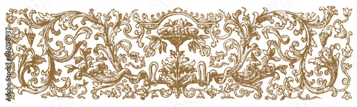 Gold Floral Engraving Border. Hand Drawn Vector Outline, Graphic, Line Art. Vintage Baroque Ornament Frame. Modern Style. Antique Botanical Retro. Victorian Frame Border. Navy Blue. Medieval Stamp