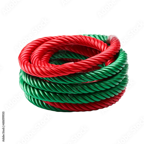 A plastic rope of green and red color is coiled and placed isolated on transparent background
