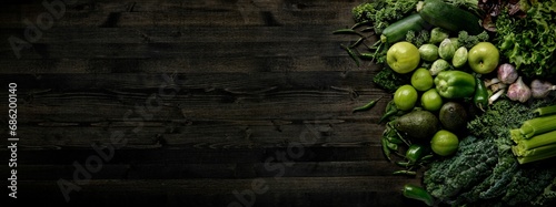 a large pile of fresh vegetables on a table top with a dark wooden background