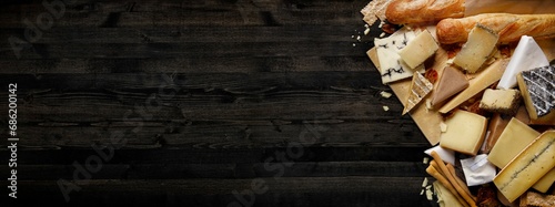 Bounty of gourmet cheese on a wood background with ample copy space. photo