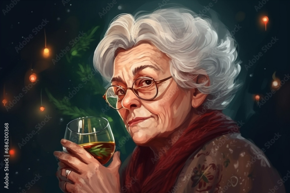 An elderly woman with a glass of champagne in her hands An elderly woman with a glass of champagne in her hands