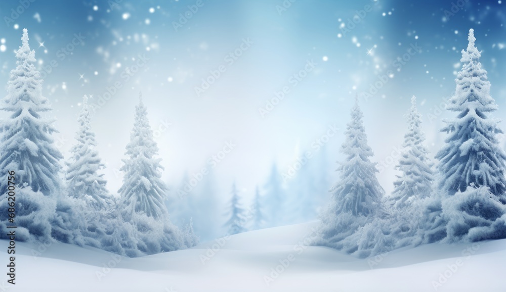 Winter landscape snow covered trees on a lake, lens flares, organic texture, joyful celebration of nature