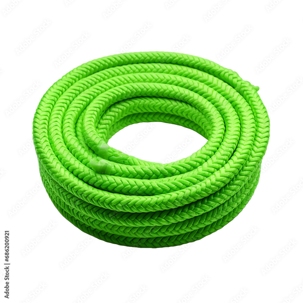 A plastic rope of green color is coiled and placed isolated on transparent background A plastic rope of green color is coiled and placed isolated on transparent background