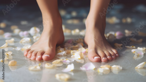 Woman, feet and beauty therapy closeup of female pedicure for salon, skincare and wellness. Clean, natural and fresh nails mockup for body care, relax and healthy lifestyle in a spa background