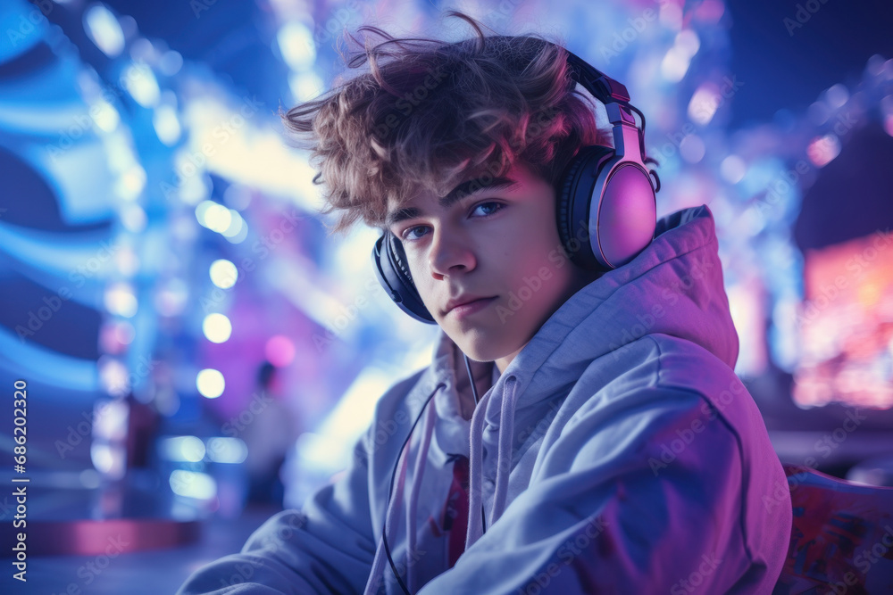A teenager with headphones, immersed in the world of music, embodying the influence of technology on culture. Concept of technology and youth. Generative Ai. A teenager with headphones, immersed in the world of music, embodying the influence of technology on culture. Concept of technology and youth. Generative Ai.