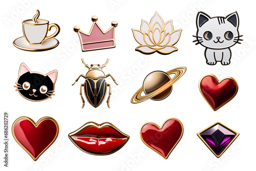 Popular cute enamel pins icons set isolated. Beauty enamel pins collection - heart, flower photo