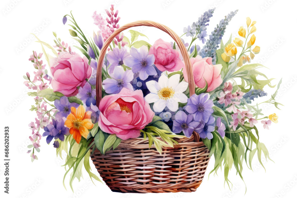 Watercolor of bouquet colorful spring flowers in wicker basket isolated on transparent png background, bouquets greeting or wedding card decoration, beautiful flowers inside buckets concept.