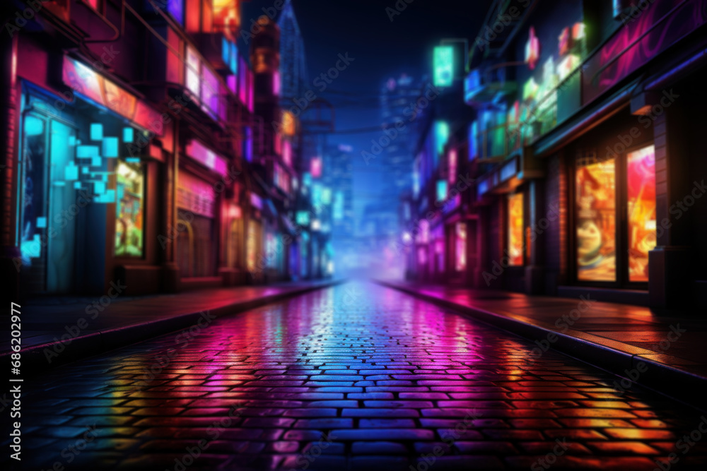 A swirling mix of neon lights in an urban alley, reflecting the lively energy of city nightlife. Concept of vibrant cityscape and nocturnal vibes. Generative Ai.