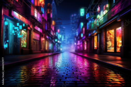 A swirling mix of neon lights in an urban alley  reflecting the lively energy of city nightlife. Concept of vibrant cityscape and nocturnal vibes. Generative Ai.