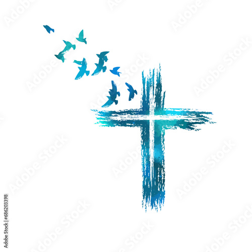 Blue cross religious with birds. Happy easter. hand drawing. Not AI . Vector illustration.