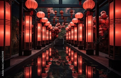 a beautiful corridor with red and light red lanterns