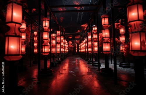 a beautiful corridor with red and light red lanterns photo