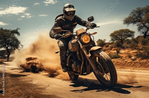 a black man riding a motorcycle down a dirt road