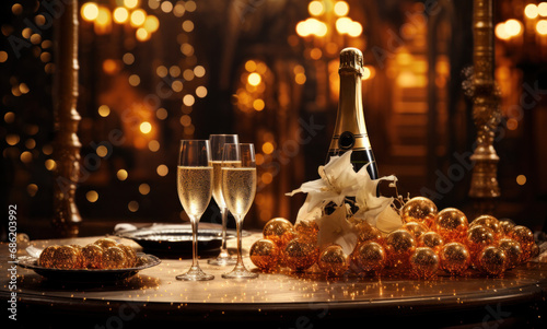 a bottle of bubbles on a table and gold balls on top