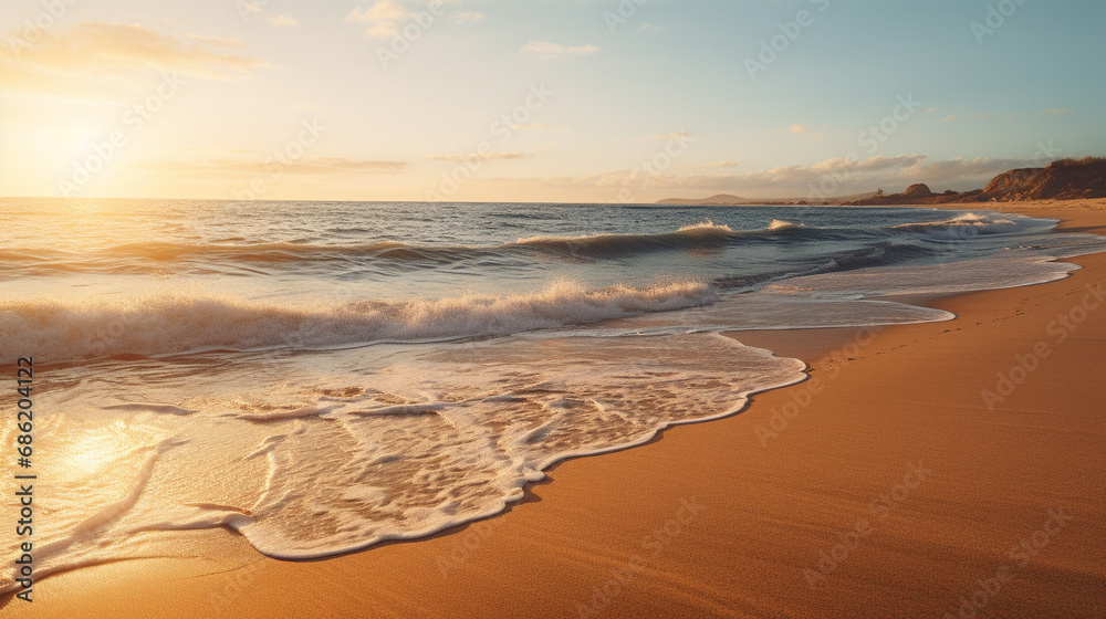 Golden hour on sunny and sandy beach, Soft light casting long shadows, Serene and peaceful atmosphere, AI Generated