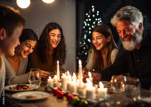 a family lights candles at a dinner table