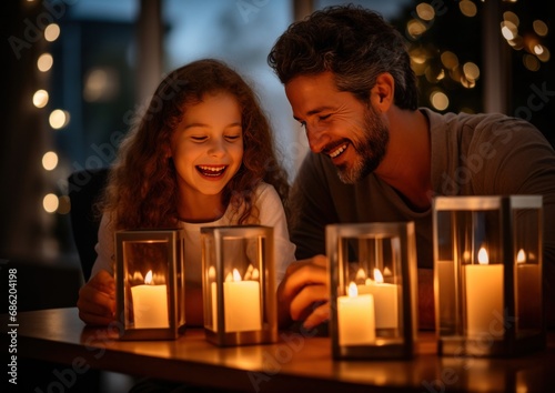 a family lights candles at a dinner table