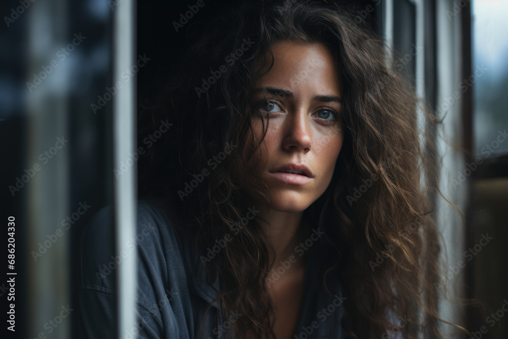 A woman looking pensively out of a window, contemplating the societal constructs that shape her perceptions of freedom and confinement. Generative Ai. A woman looking pensively out of a window, contemplating the societal constructs that shape her perceptions of freedom and confinement. Generative Ai.
