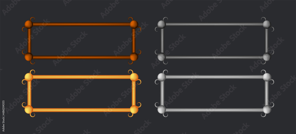 Fantasy 3d gold and silver frames in medieval style for rpg game ui design. Fantasy 3d gold and silver frames in medieval style for rpg game ui design.