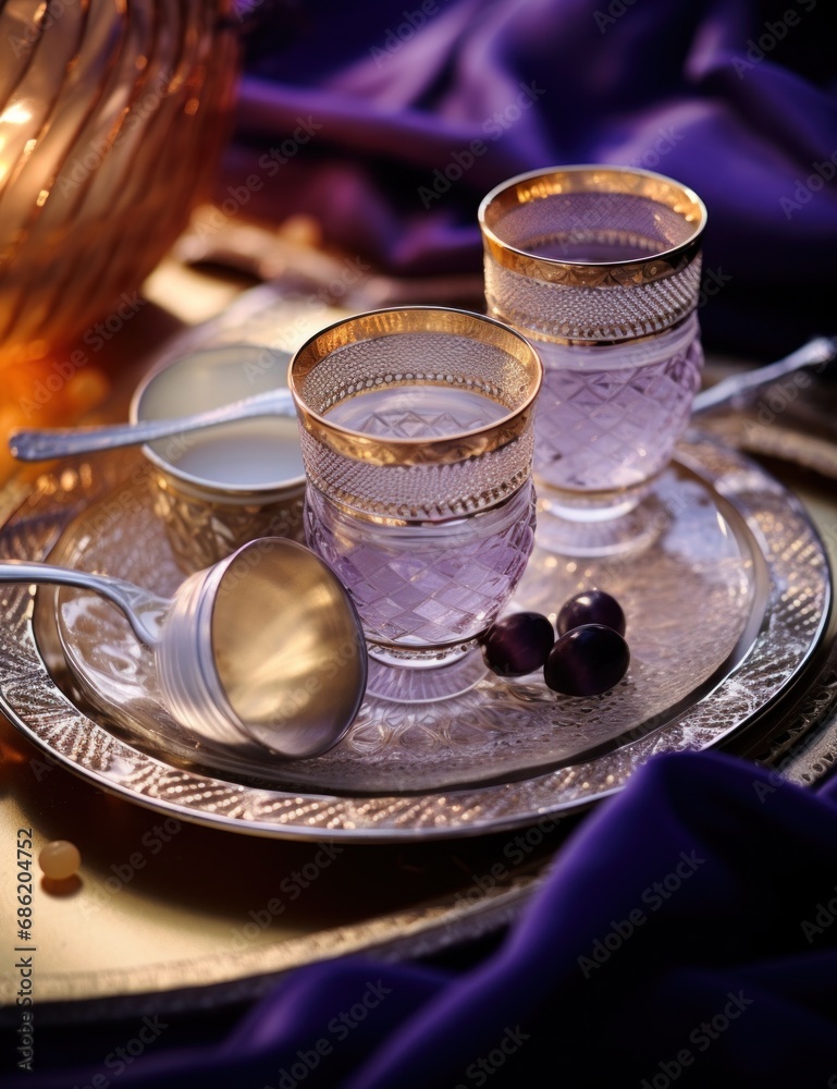 gold tea set includes silver cups and glassware gold tea set includes silver cups and glassware