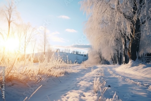 a snow covered hill with the sun on the sky
