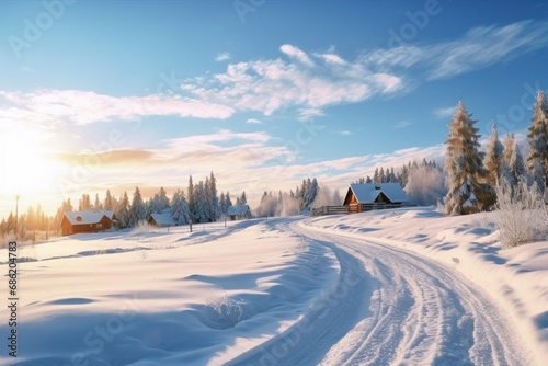 a snow covered hill with the sun on the sky