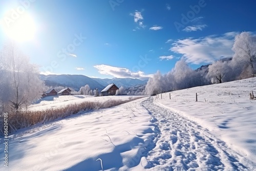 a snow covered hill with the sun on the sky