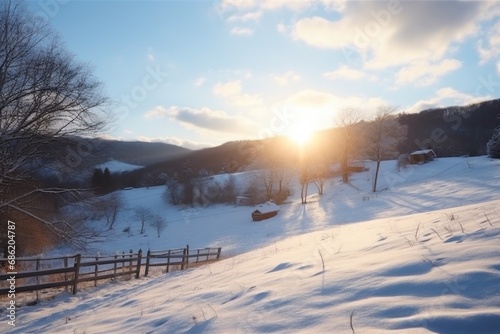 a snow covered hill with the sun on the sky