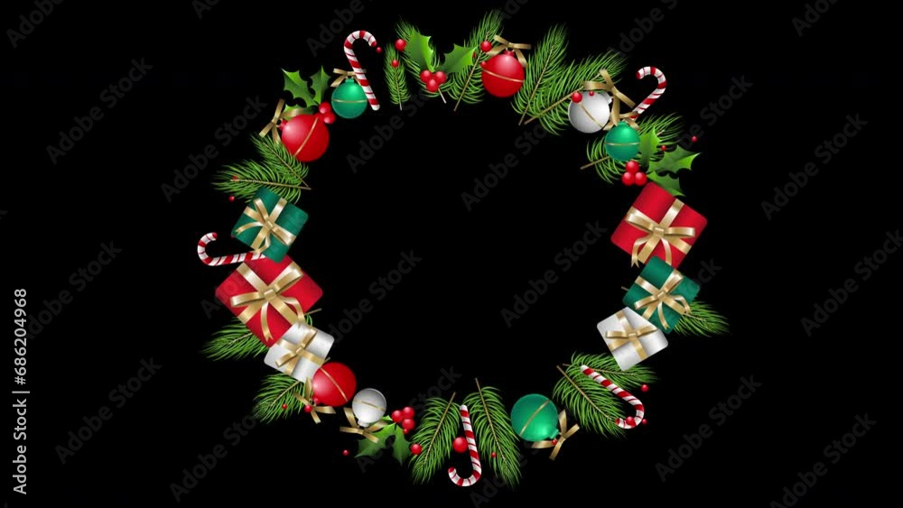 3d Animated Decorative Christmas Wreath Isolated on Black Background. Holiday Design Element. Merry Christmas and Happy New Year Decorative Frame Animation Template. 4K video design. 3d Animated Decorative Christmas Wreath Isolated on Black Background. Holiday Design Element. Merry Christmas and Happy New Year Decorative Frame Animation Template. 4K video design.