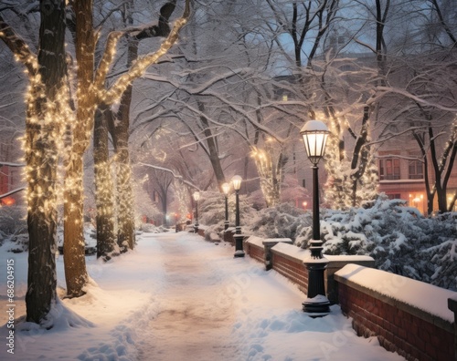 a snow scene where a park is lit up during the winter
