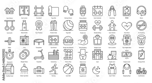 Gym Fitness Thin Line Icons Workout Biceps Muscle Iconset in Outline Style 50 Vector Icons in Black 