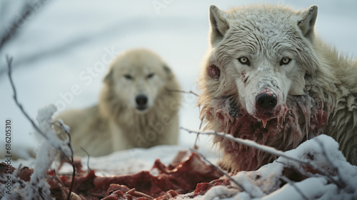 An artistic representation of an Arctic wolf and caribou encounter in the frozen tundra, showcasing the predator's strategic pursuit and the prey's evasion tactics. photo