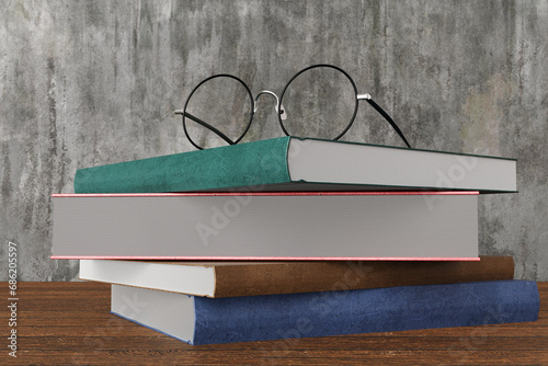 Spectacles on a stack of hardcover books of different colors on a wooden table. Illustration of the concept of learning, studying and education photo