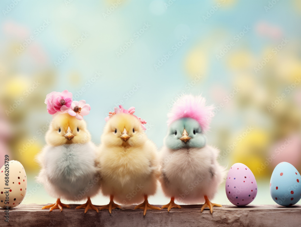 A cute Easter card with fluffy chicks and pastel eggs. A cute Easter card with fluffy chicks and pastel eggs.