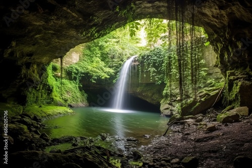 Scenic view of waterfall in the forest seen through cave