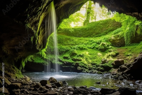 Scenic view of waterfall in the forest seen through cave