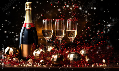 a bottle of red wine on a table and gold balls on top