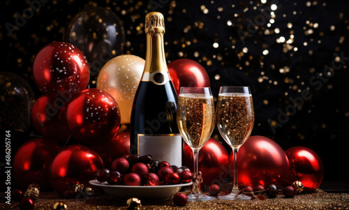 a bottle of red wine on a table and gold balls on top