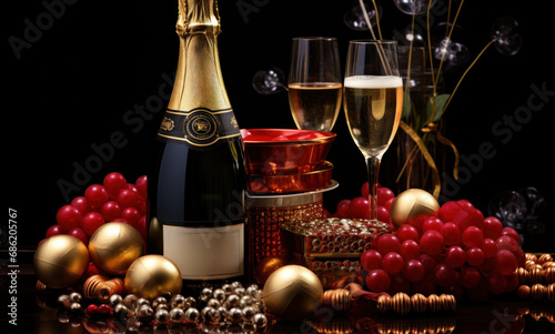 a bottle of red wine on a table and gold balls on top