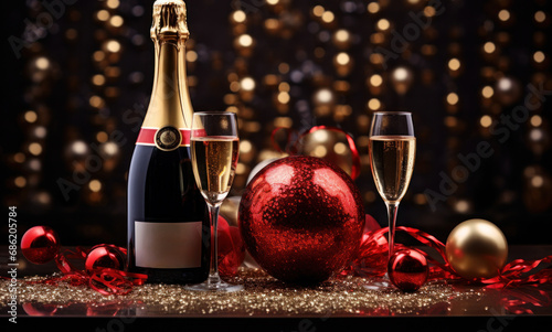 a bottle of red wine on a table and gold balls on top