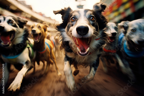 Dogs in full sprint, generating abstract energy lines that convey the vibrant and lively atmosphere of a dog race.
