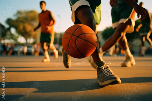 Basketball players in a symphony of dribbling, showcasing the rhythmic and coordinated movements of the sport