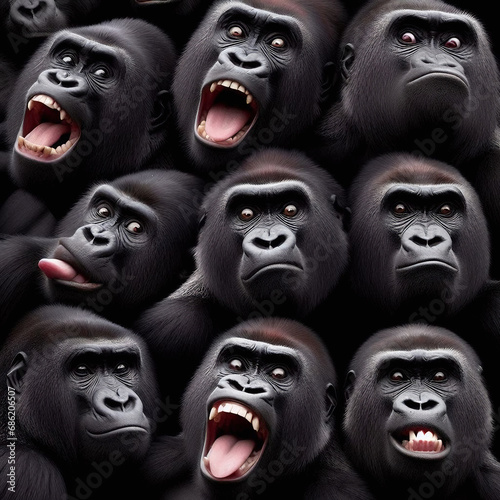 a side-splitting photo of a group of Gorillas striking hilarious poses