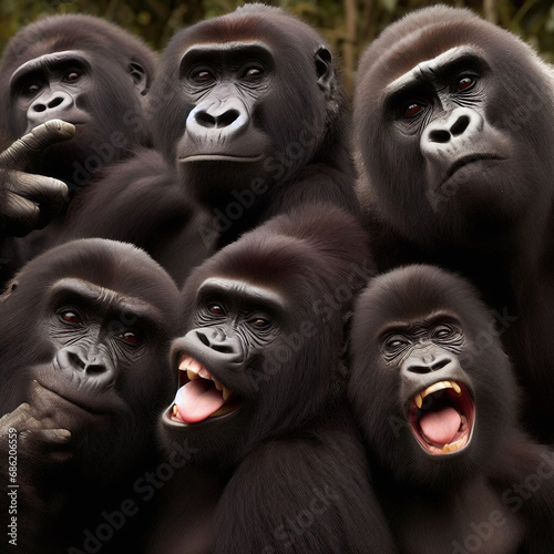 a side-splitting photo of a group of Gorillas striking hilarious poses