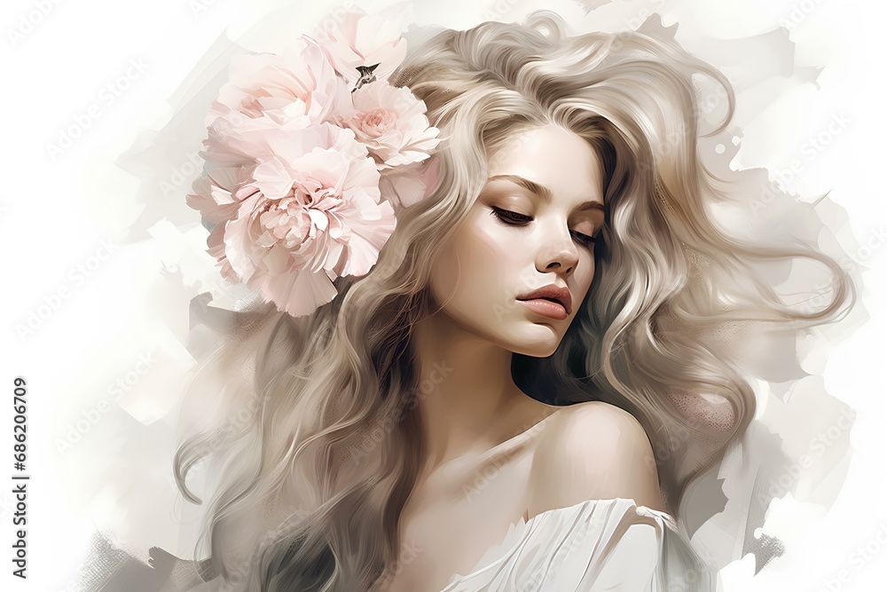 Portrait of a woman with flowers in her hair on the day of March 8, spring and flowering. Portrait of a woman with flowers in her hair on the day of March 8, spring and flowering.